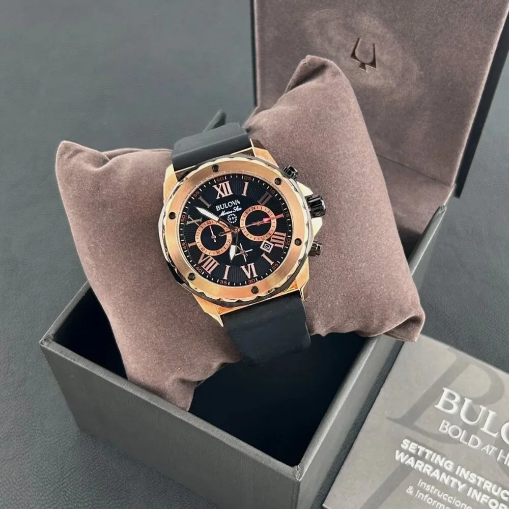 Bulova Marine Star Men's Black Dial Black Rubber Strap 44mm Quartz Watch